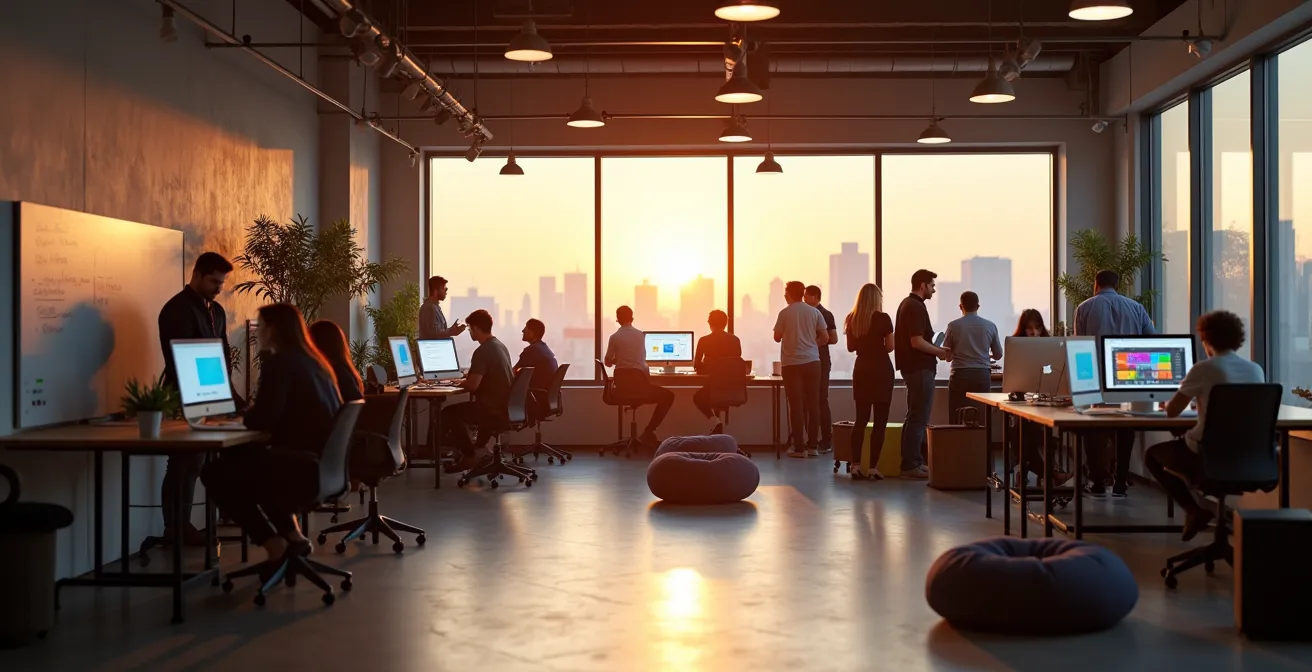 Groupe de développeurs collaborant lors d'un meetup tech dans un espace de coworking moderne