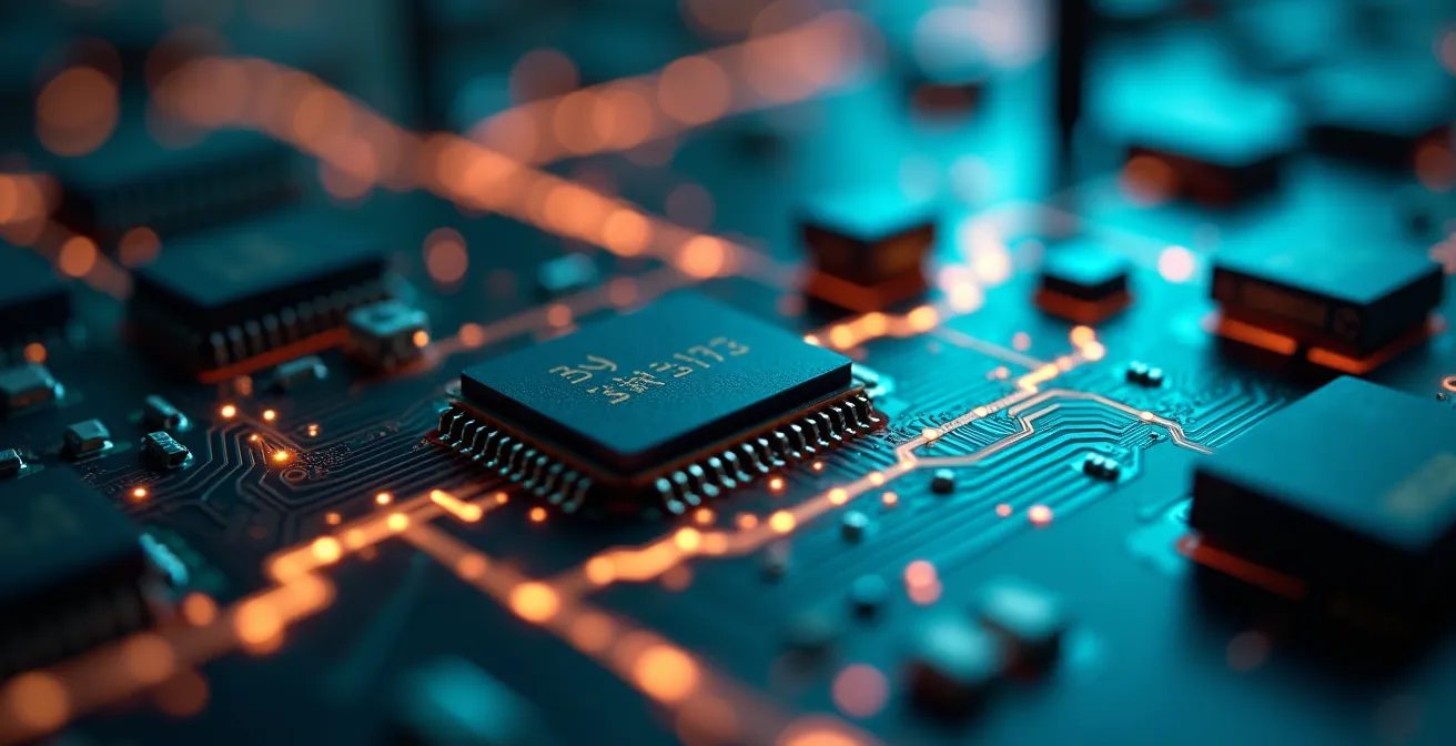 Macro photographique d'un circuit imprimé moderne avec tracés lumineux représentant les chemins de navigation