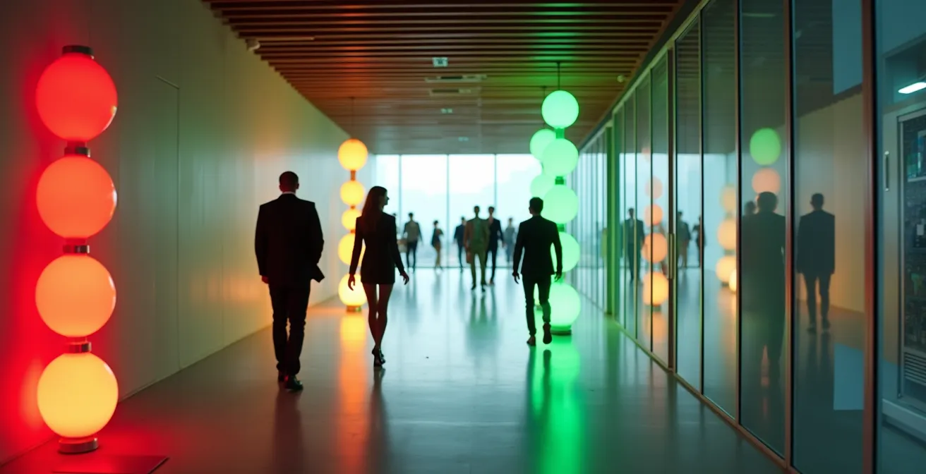 Métaphore visuelle de la gouvernance des données avec des feux de signalisation dans un environnement professionnel