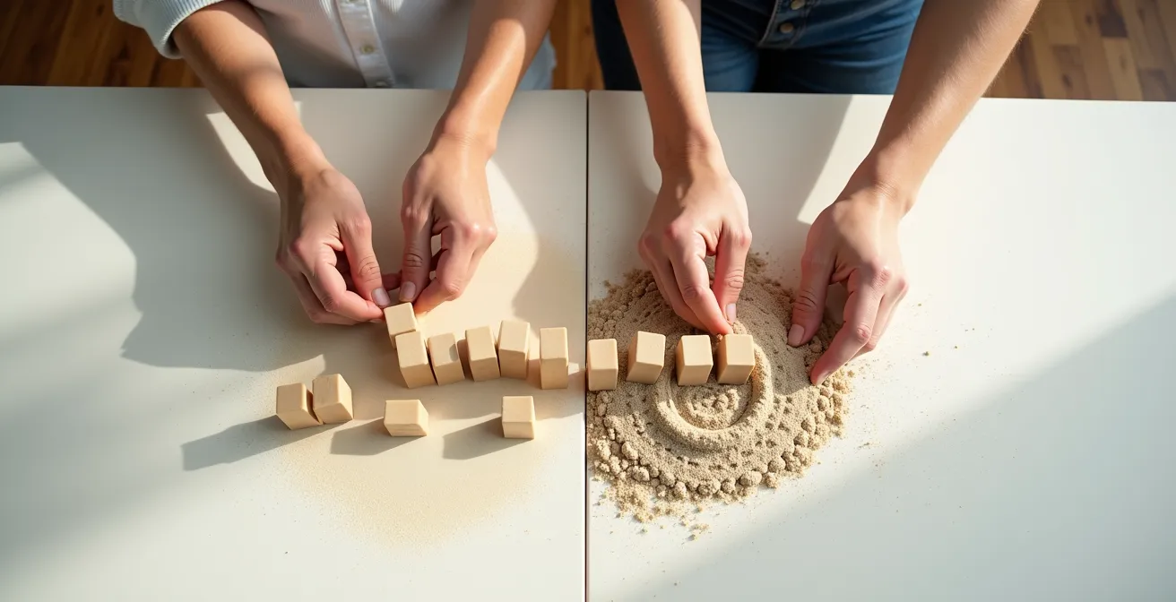 Métaphore visuelle comparant les approches impérative et déclarative en programmation