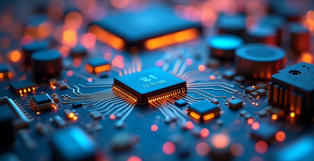 Gros plan sur des composants électroniques et circuits imprimés dans un laboratoire de R&D