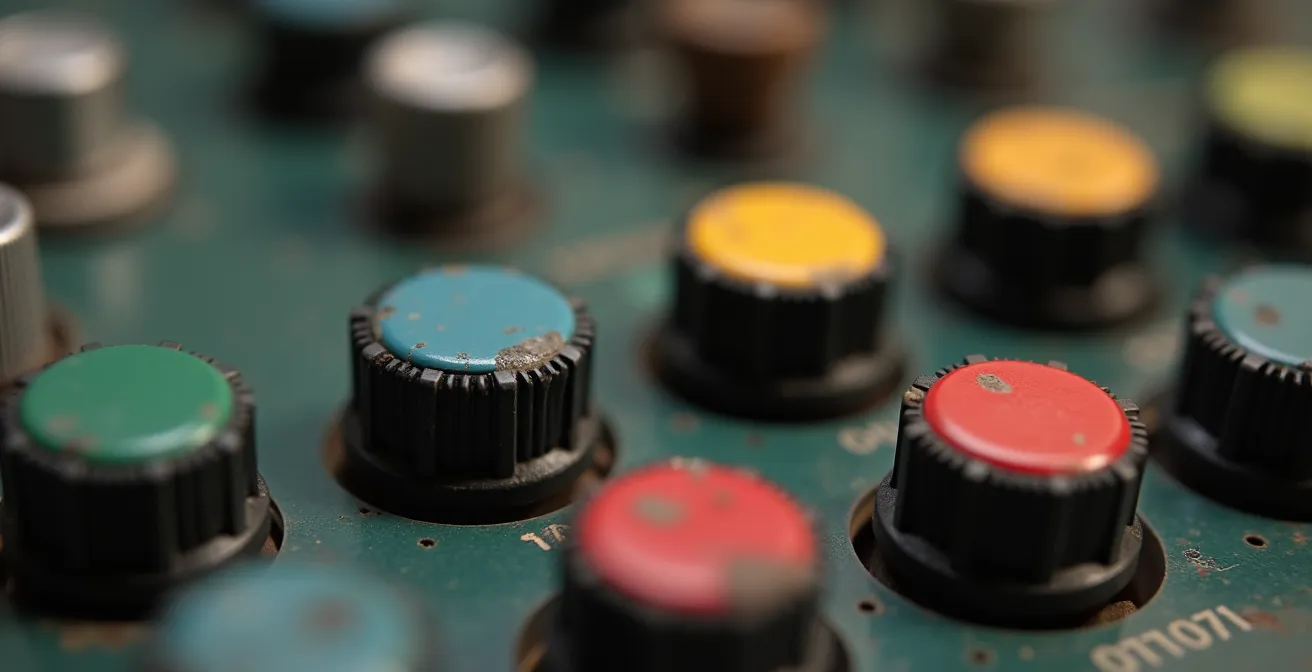 Composition macro de boutons physiques illustrant la complexité du choix et de la décision.