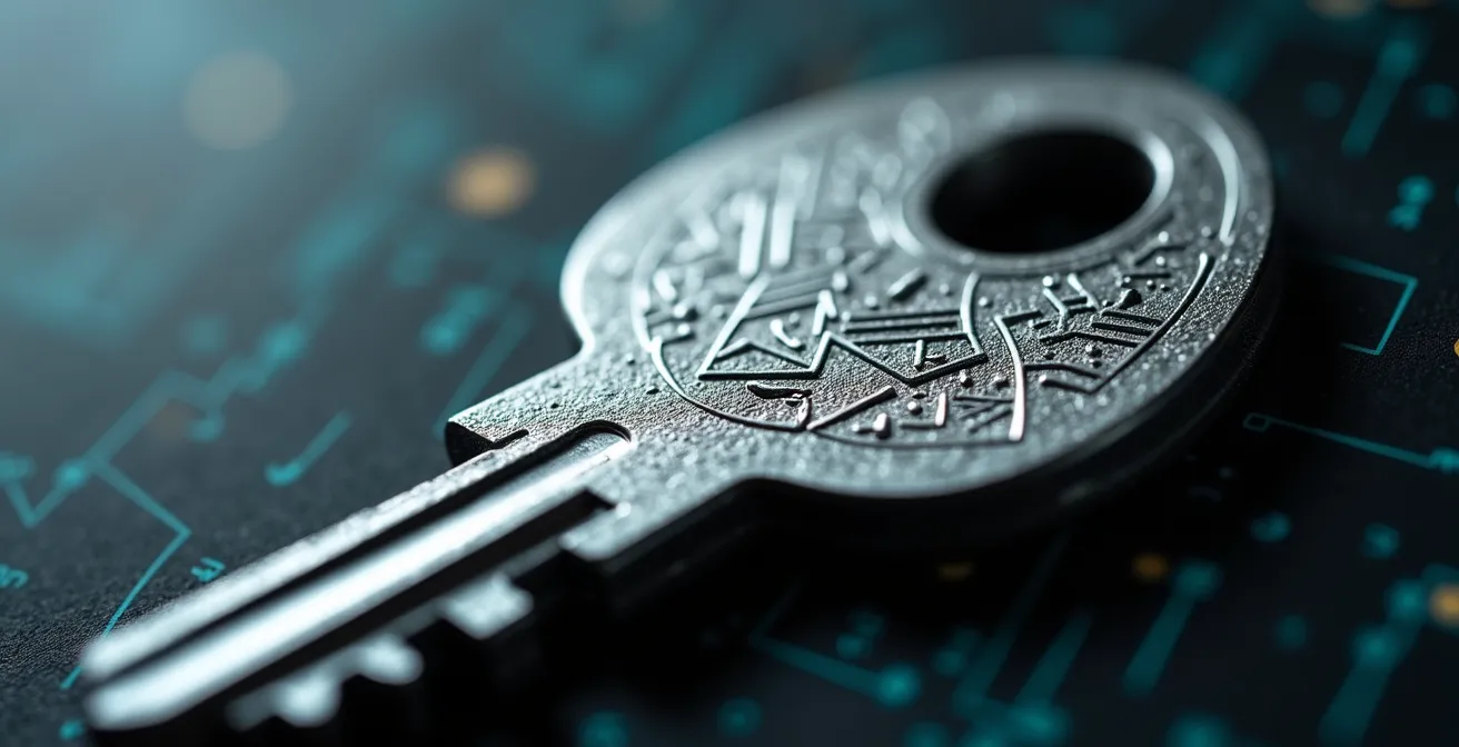 Vue macro d'une clé cryptographique métallique avec textures détaillées représentant le chiffrement TLS