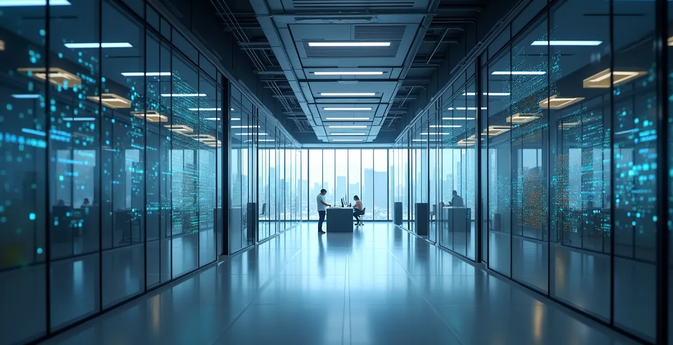 Écosystème Python représenté par un réseau de connexions lumineuses dans un environnement technologique français