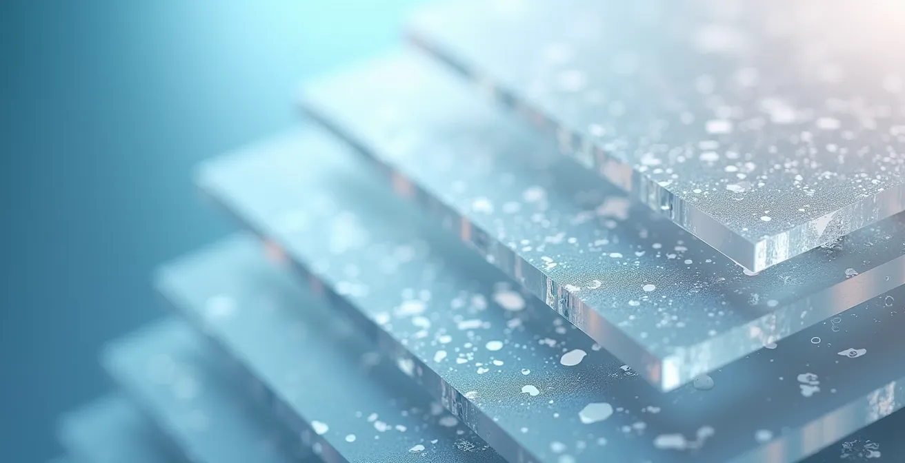 Vue macro de couches translucides superposées révélant progressivement une forme complexe