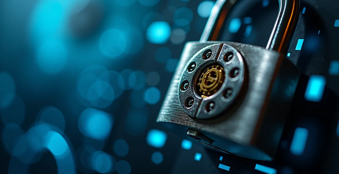 Représentation métaphorique de la sécurité WordPress avec une forteresse numérique abstraite