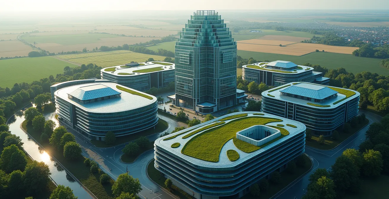 Vue aérienne d'un campus technologique français avec différents bâtiments symbolisant les spécialisations informatiques