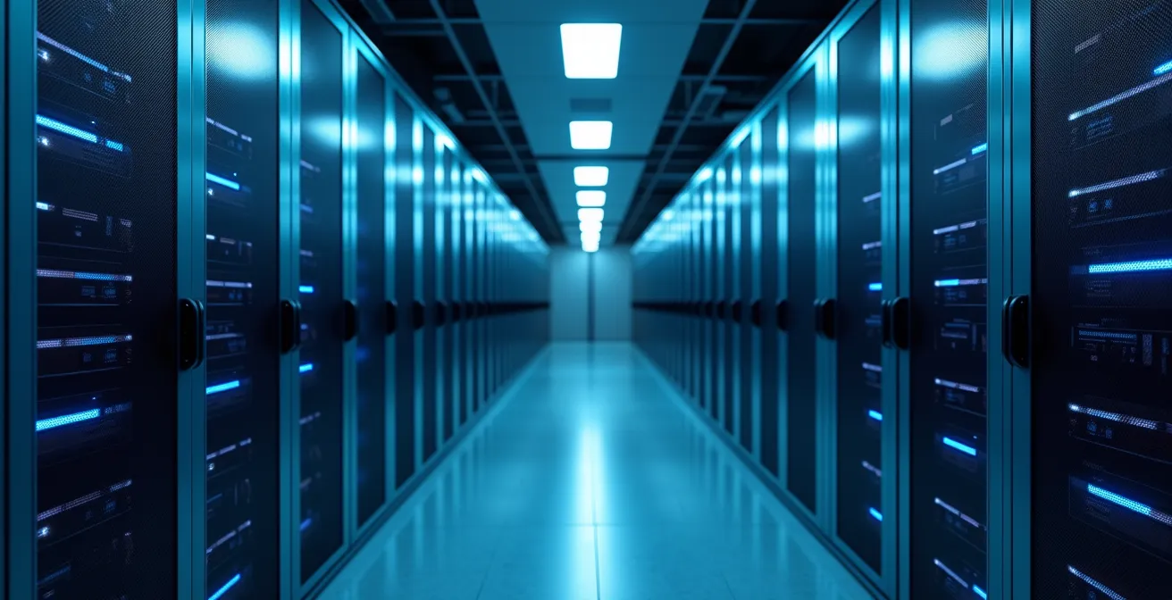 Centre de données moderne avec serveurs et éclairage LED bleu symbolisant la protection réseau